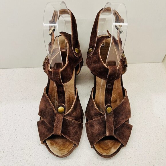 Moma Brown Suede Leather Wedges Sandals Heels TStrap Ankle Made in Italy Sz 38 - Picture 4 of 16